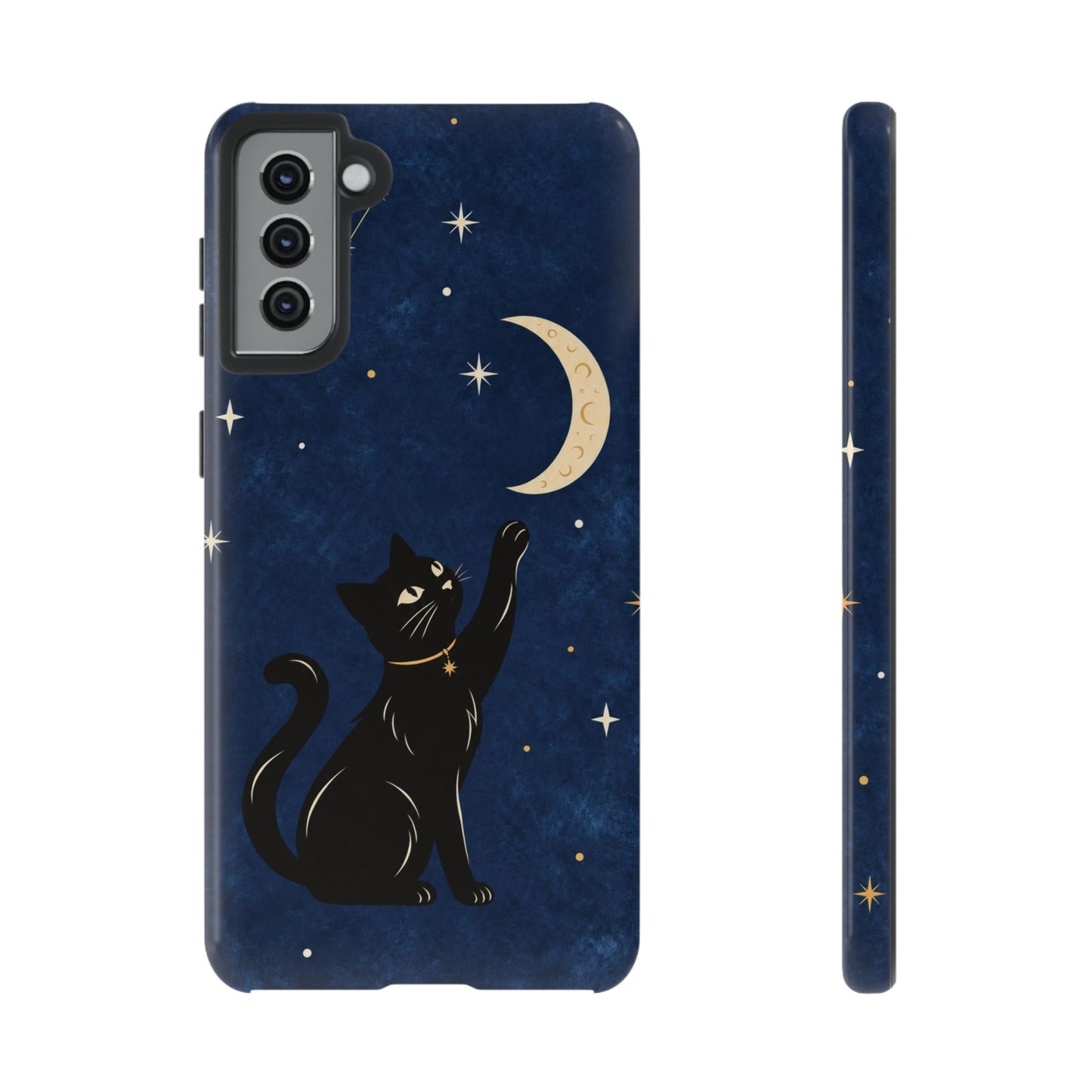 Whimsical Navy Blue Celestial Black Cat Phone Case
