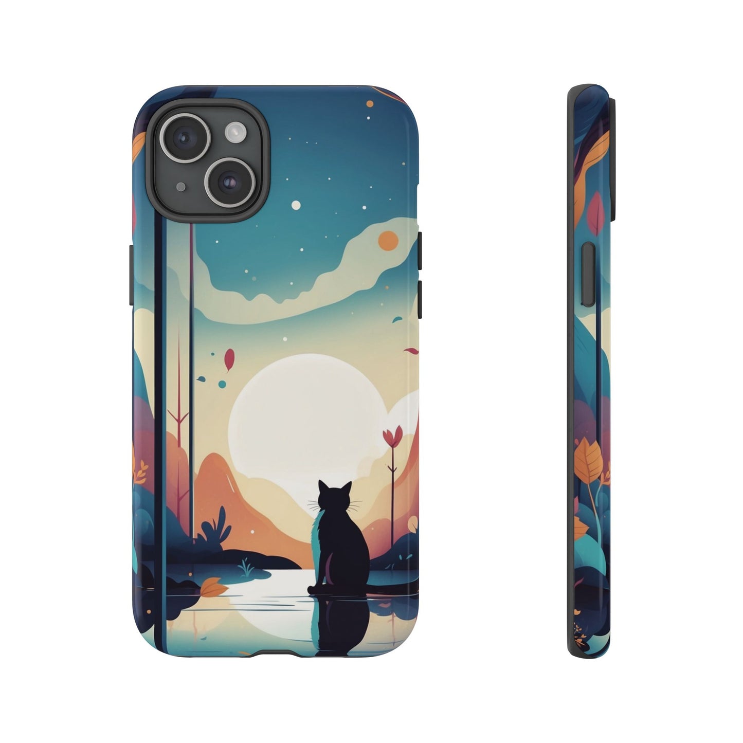 iPhone 15 Plus / Glossy Phone Case - Stylised Cat & Moon Design Phone Case