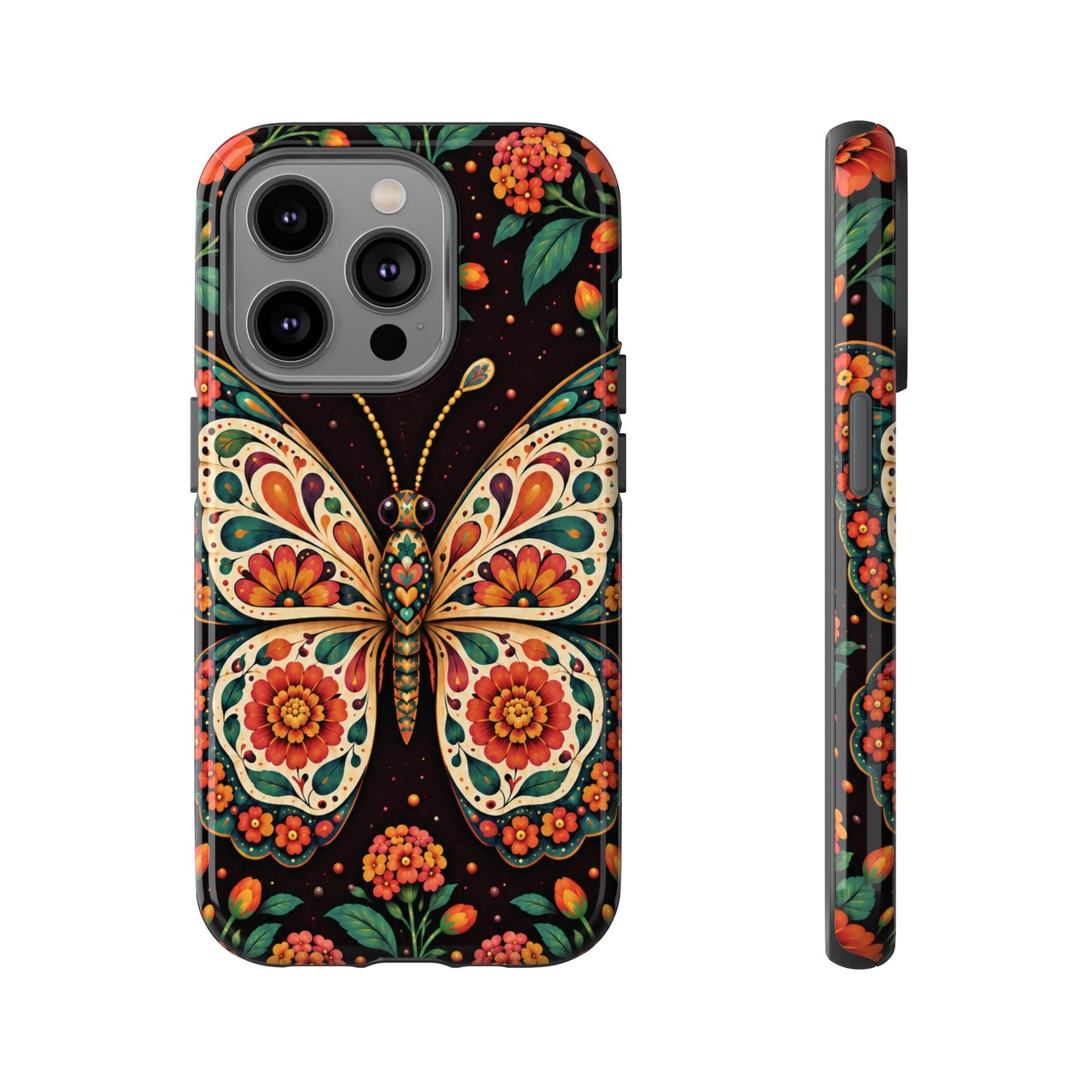 Vibrant Terracotta and Teal Calavera Butterfly Phone Case - Multicolor Phone Case - iPhone 14 Pro / Glossy