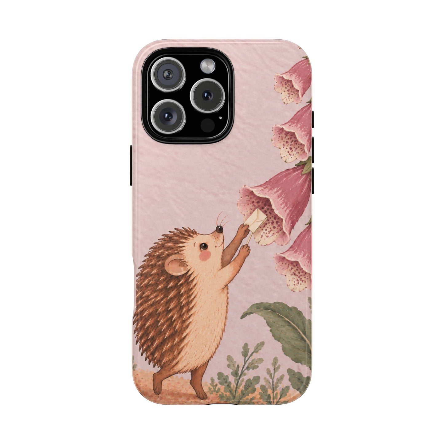 Whimsical Blush Pink Hedgehog and Foxglove Phone Case - Pink Phone Case - iPhone 16 Pro Max / Glossy