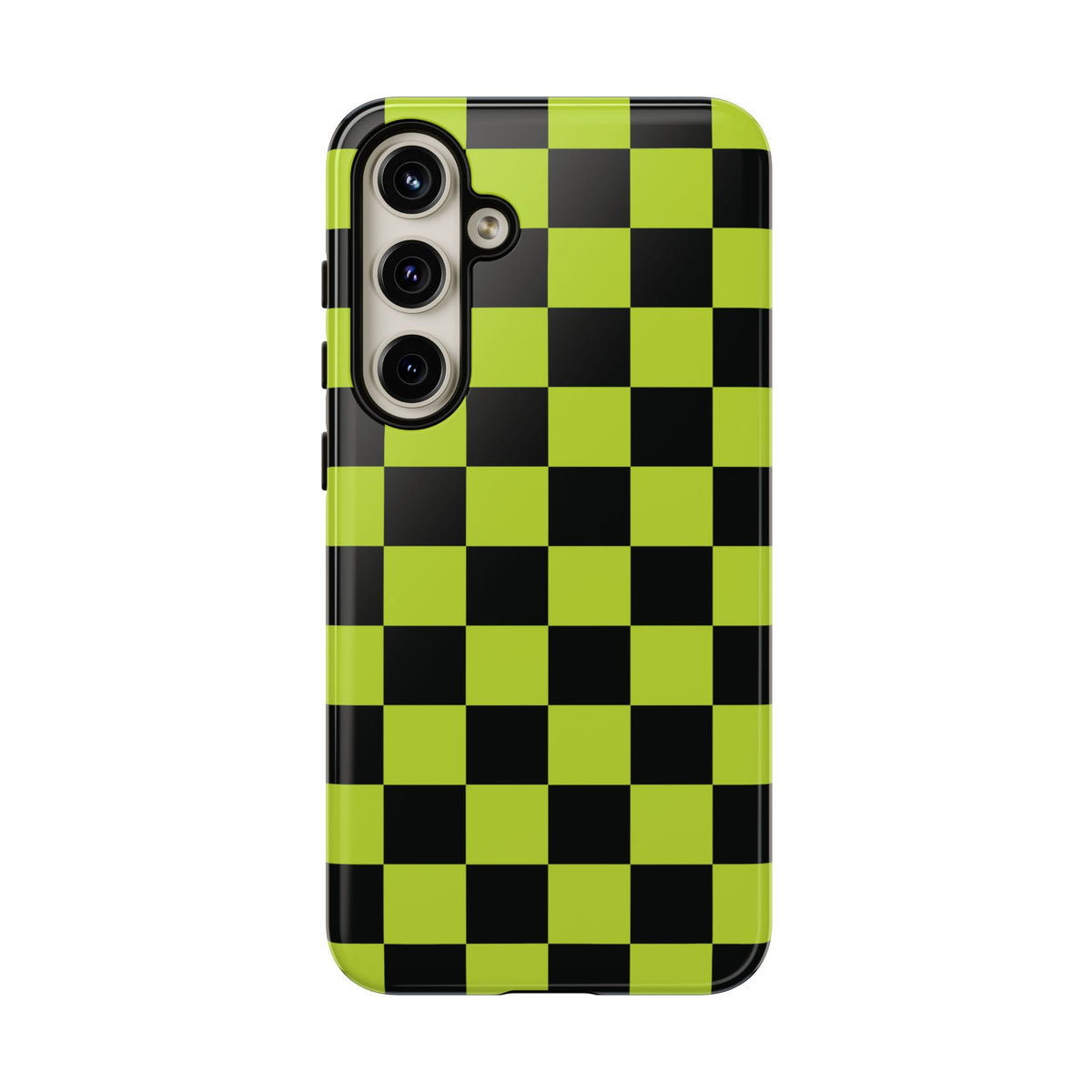Trendy Neon Lime Green & Black Checked Pattern Phone Case - Green Phone Case - Samsung Galaxy S24 Plus / Glossy