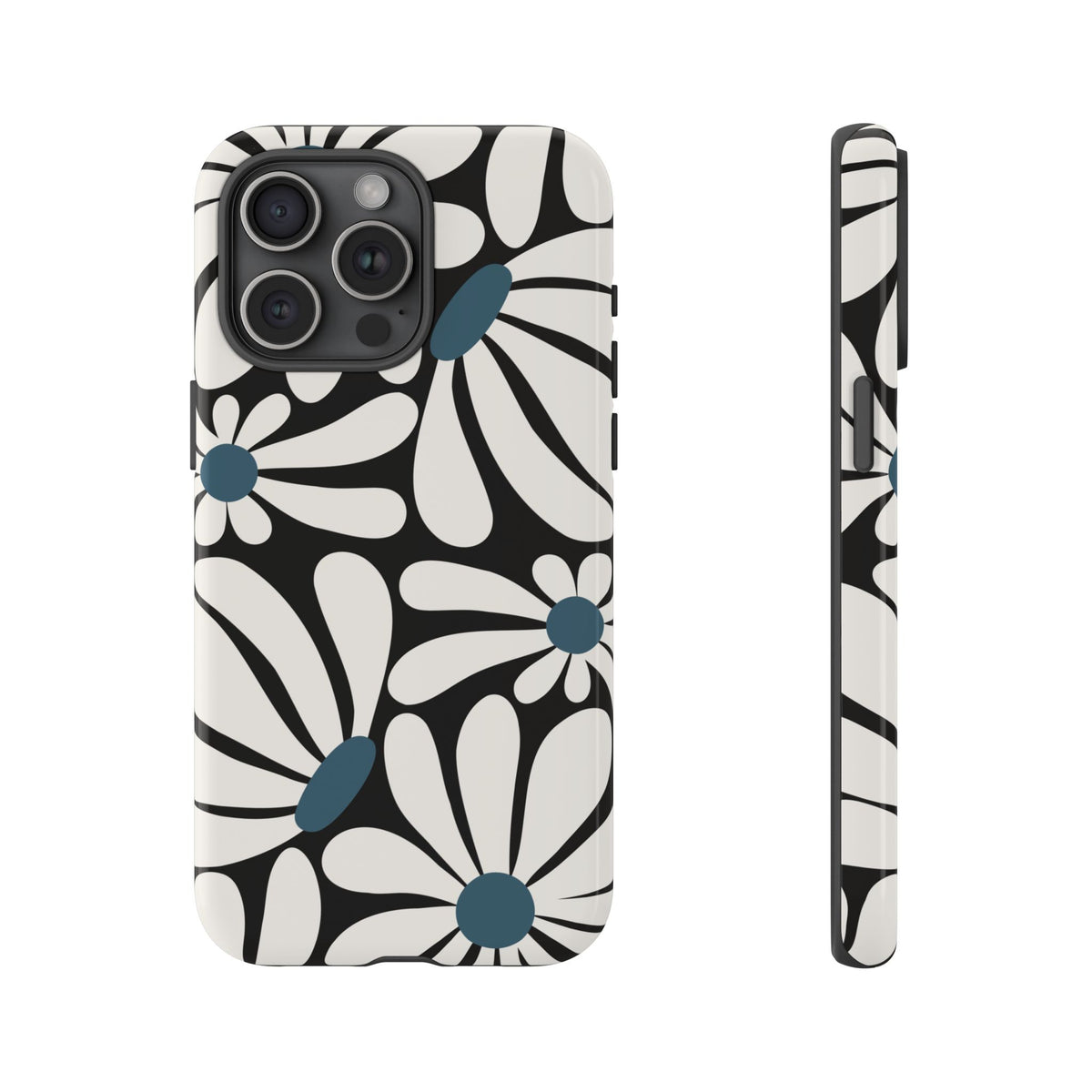 Retro Black Daisy Pattern Phone Case - Black Phone Case - iPhone 15 Pro Max / Glossy