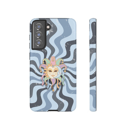 Samsung Galaxy S21 FE / Glossy Phone Case - Sun & Moon Jester Mask – Blue Retro Wave Phone Case