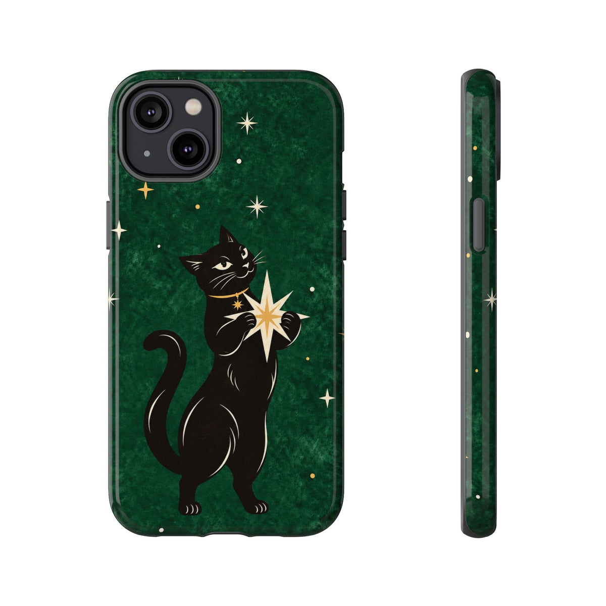 Forest Green Celestial Black Cat Phone Case - Green Phone Case - iPhone 14 Plus / Glossy