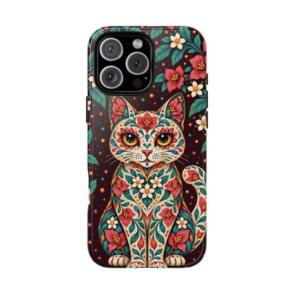 Vibrant Terracotta and Teal Calavera Cat Phone Case - Multicolor Phone Case - iPhone 16 Pro Max / Glossy