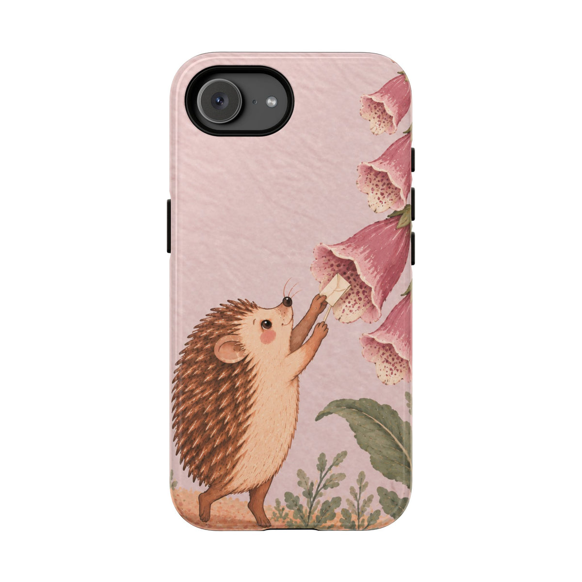 Whimsical Blush Pink Hedgehog and Foxglove Phone Case - Pink Phone Case - iPhone 17e / Glossy