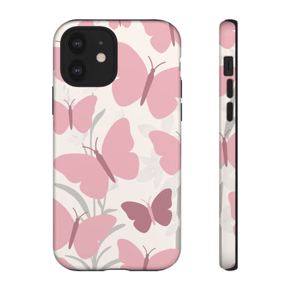 iPhone 12 / Glossy Phone Case - Minimalist Cream & Pink Butterfly Pattern Phone Case