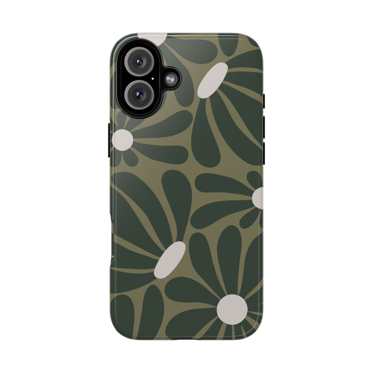 iPhone 16 Plus / Glossy Phone Case - ’Retro Olive Green Daisy Pattern’ Phone Case