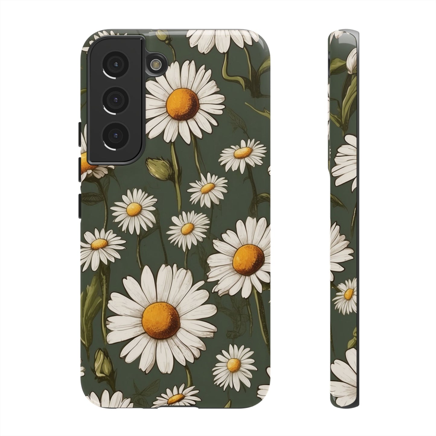 Samsung Galaxy S22 / Glossy Phone Case - Boho Chic Daisies Floral Pattern ’White & Green’ Phone Case