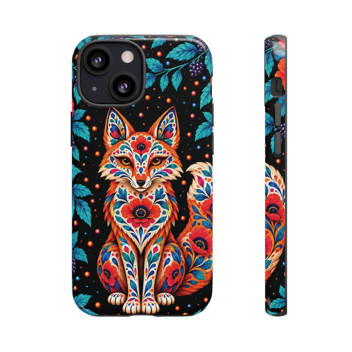 Vibrant Orange and Turquoise Calavera Fox Phone Case - Multicolor Phone Case - iPhone 13 Mini / Glossy