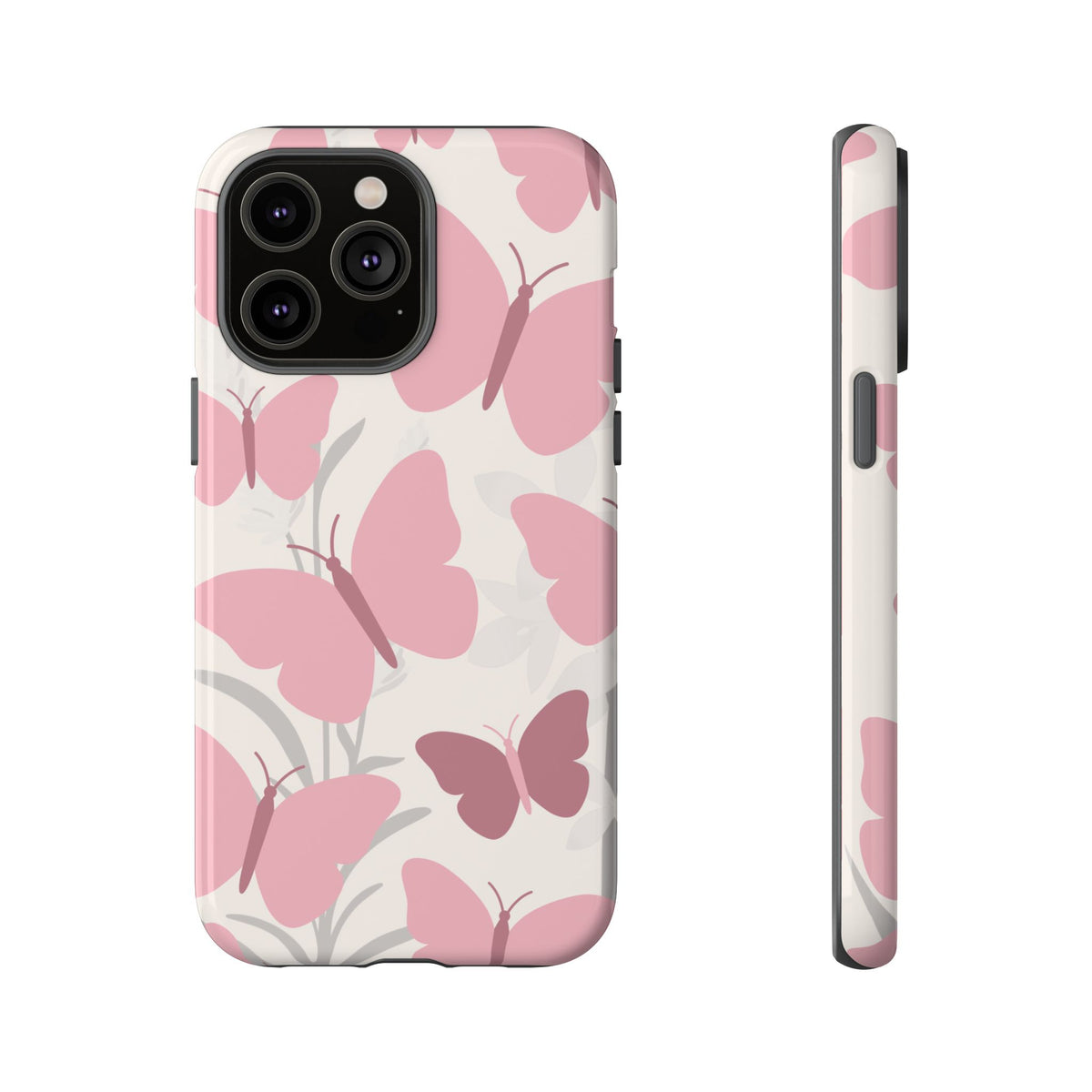 Minimalist Cream & Pink Butterfly Pattern Phone Case - White Phone Case - iPhone 14 Pro Max / Glossy