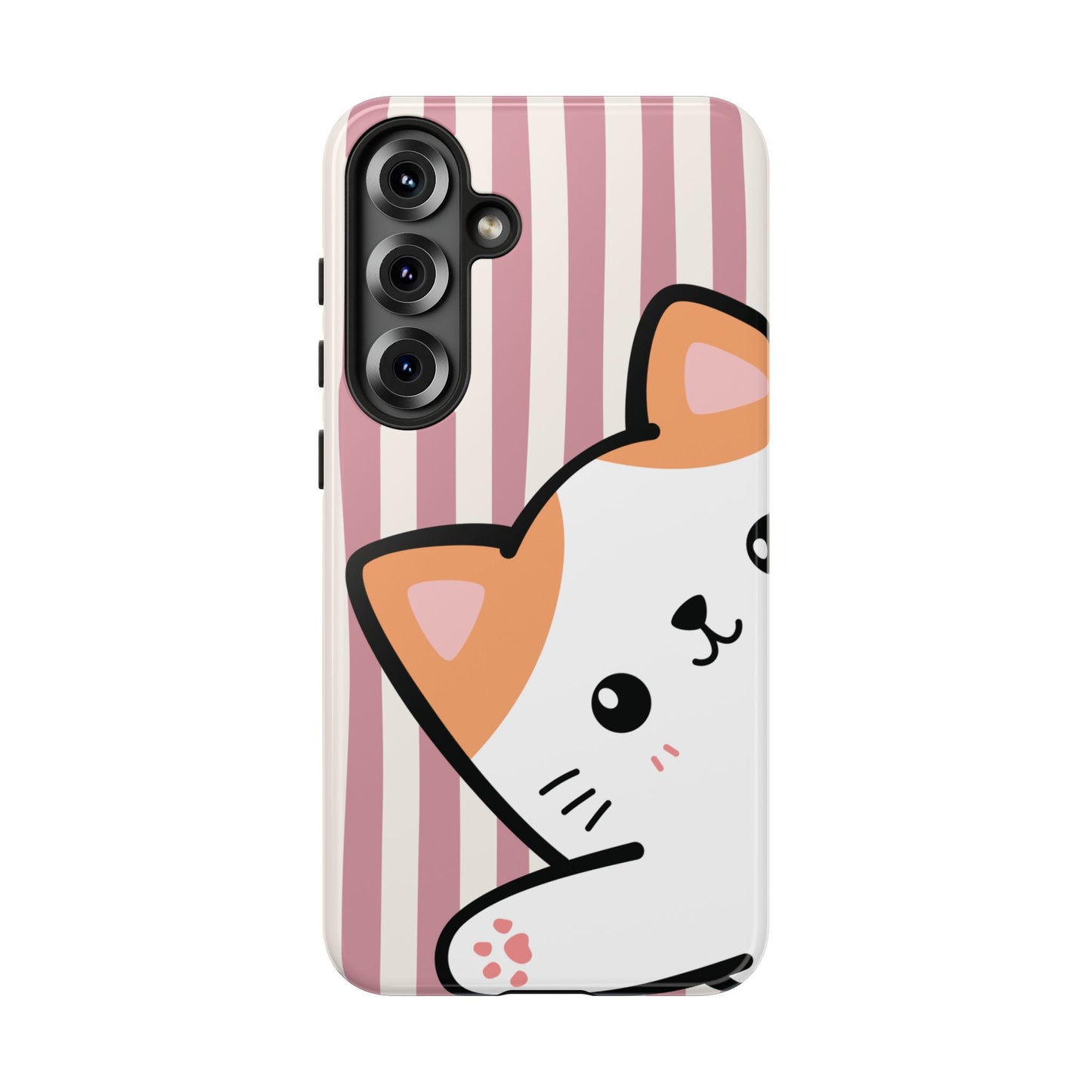 Playful Peakaboo Cat with Pink Stripe Pattern Phone Case - Pink Phone Case - Samsung Galaxy S25 Plus / Glossy