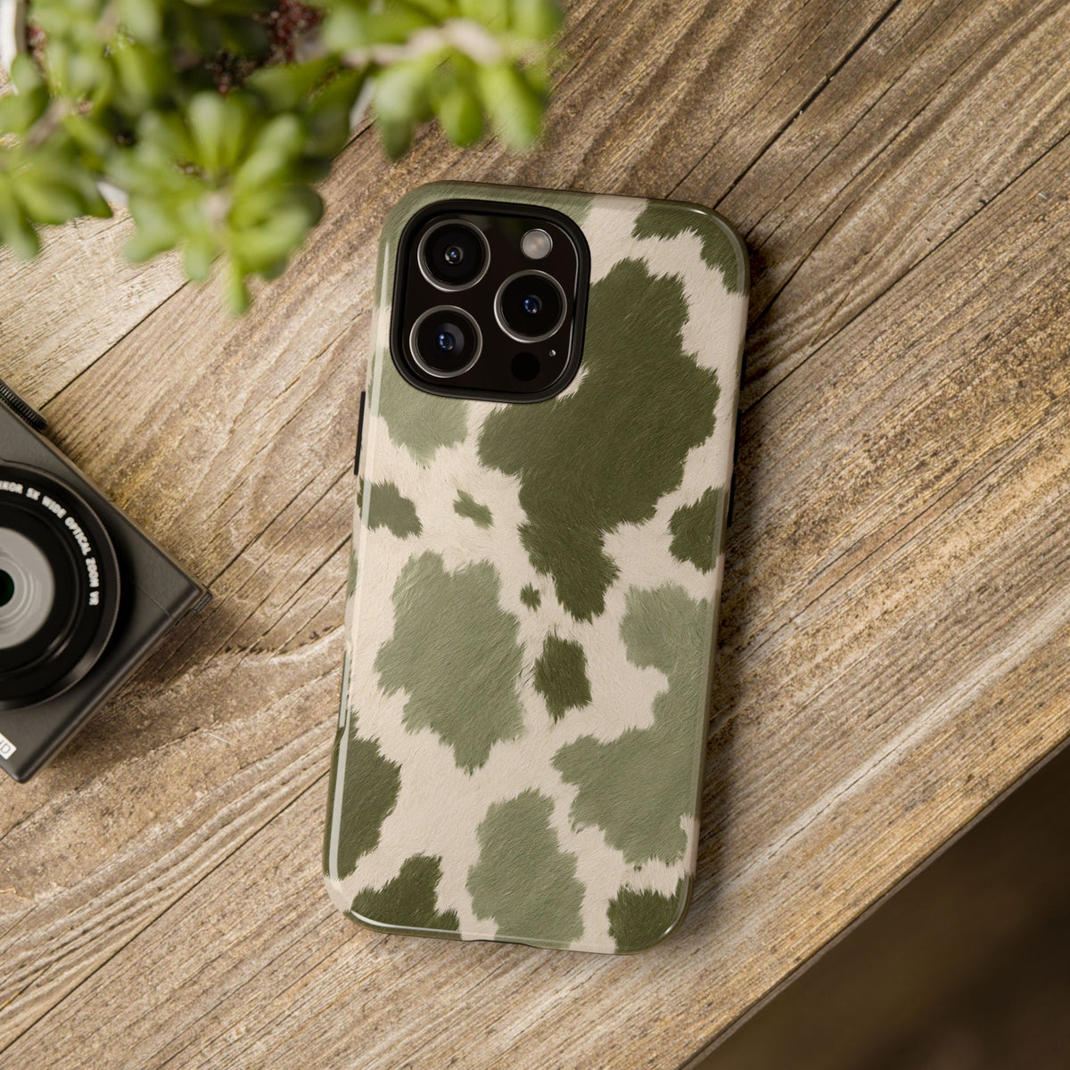 Stylish Olive Green Cow Print Phone Case - Green Phone Case