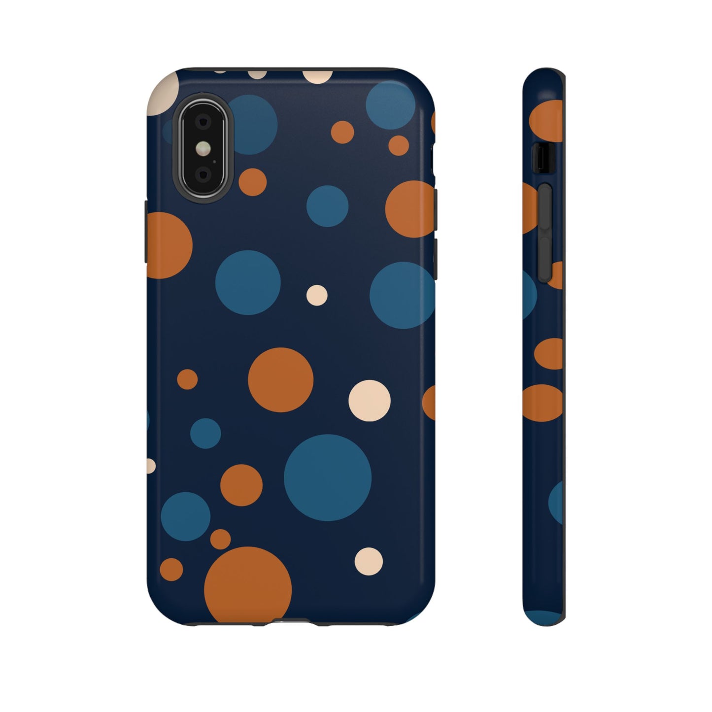 iPhone XS / Glossy Phone Case - ’Bold Navy Blue & Orange / White Dot Pattern’ Phone Case