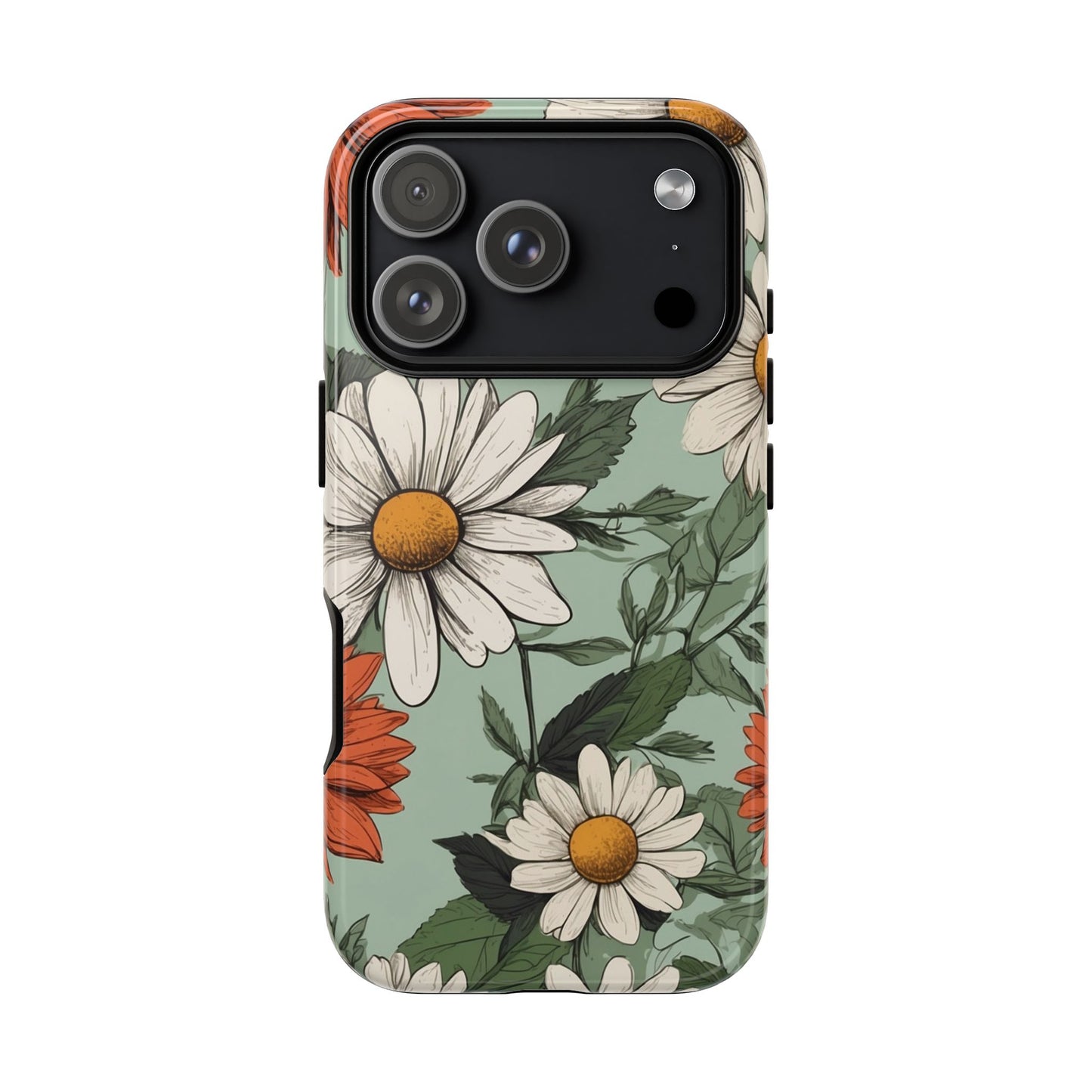 iPhone 17 Pro / Glossy Phone Case - Boho Chic Daisies Floral Pattern ’White & Orange’ Phone Case