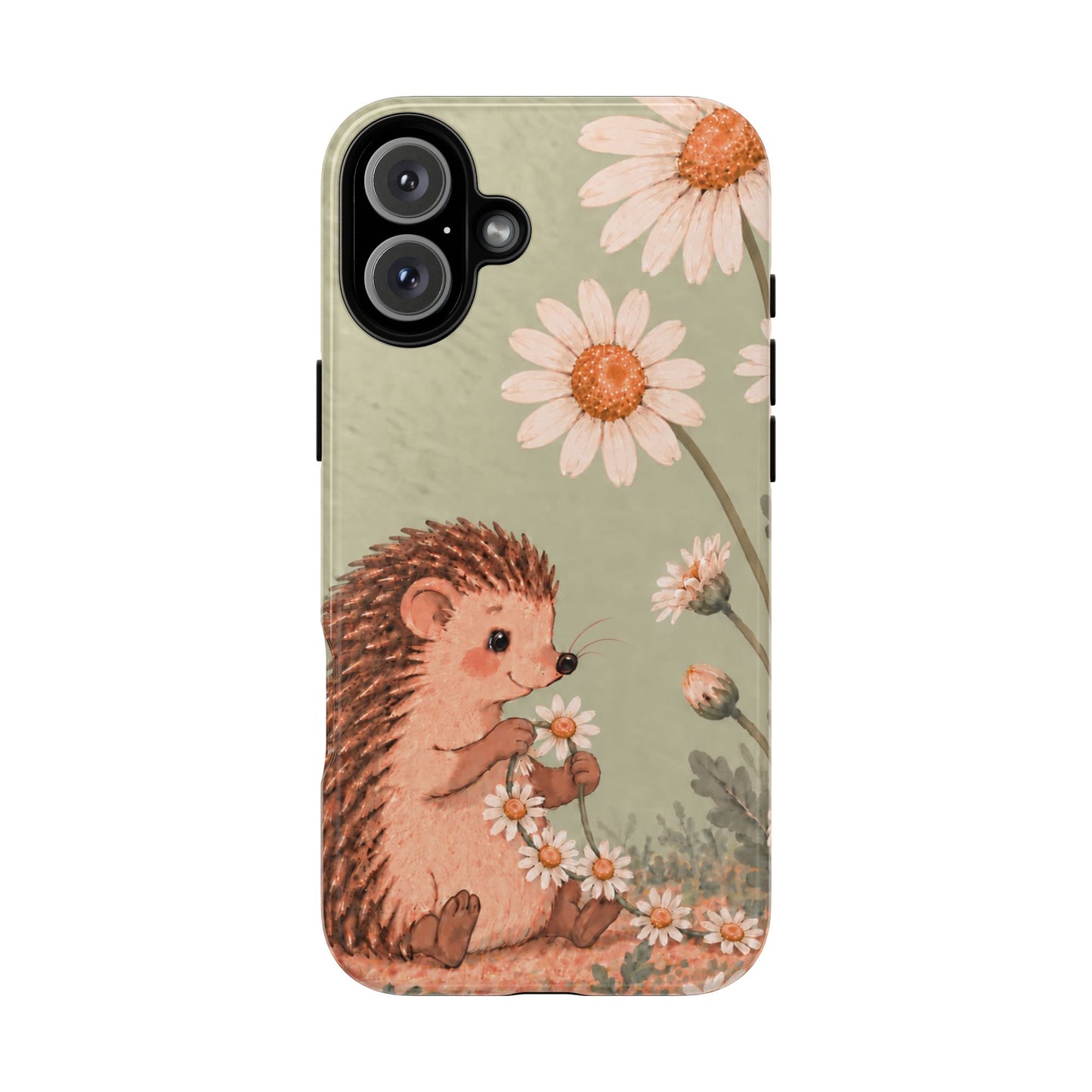 Whimsical Sage Green Hedgehog and Daisy Chain Phone Case - Green Phone Case - iPhone 16 Plus / Glossy