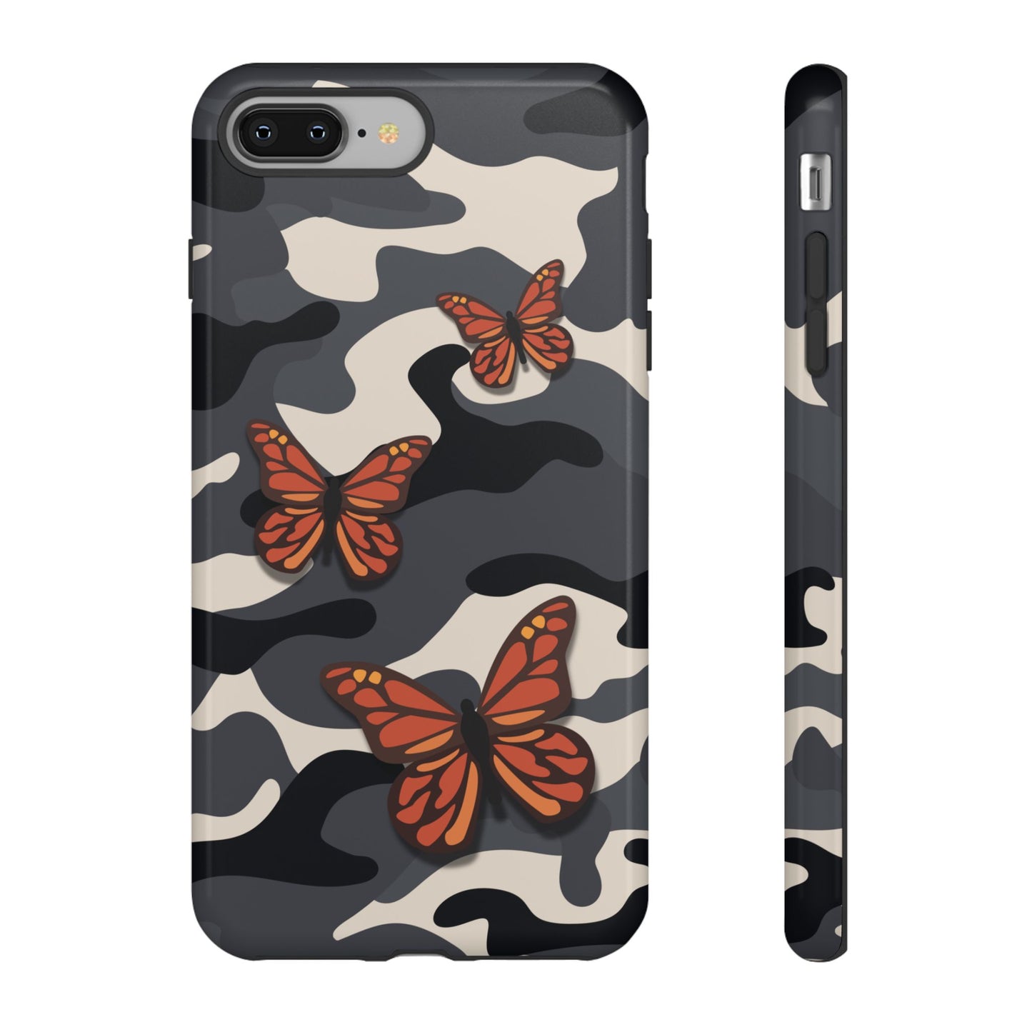 iPhone 8 Plus / Glossy Phone Case - Black & Orange Butterfly Camo Phone Case