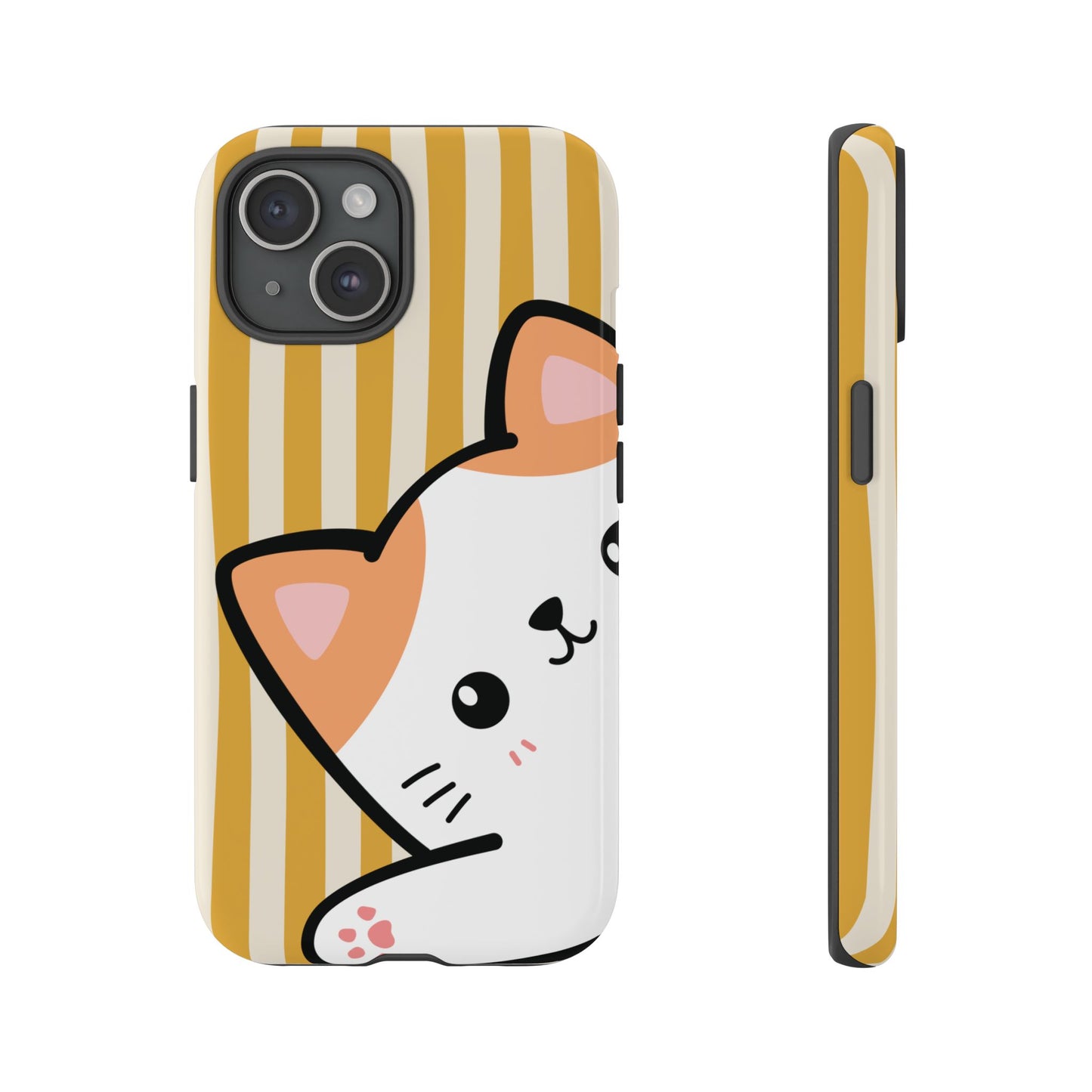 iPhone 15 / Glossy Phone Case - Peakaboo Cat with Yellow Stripe Pattern Phone Case