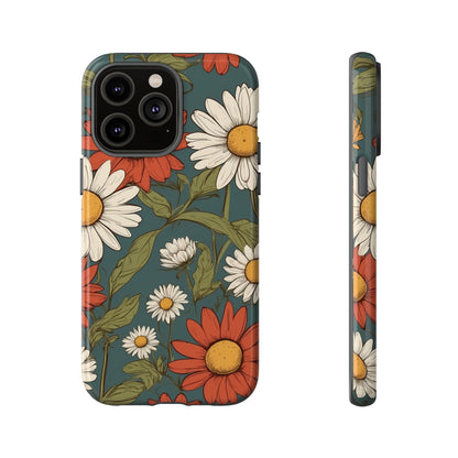 iPhone 14 Pro Max / Glossy Phone Case - Boho Chic Daisies Floral Pattern ’White & Red’ Phone Case