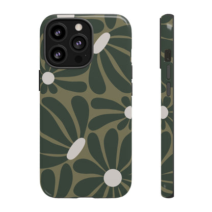 iPhone 13 Pro / Glossy Phone Case - ’Retro Olive Green Daisy Pattern’ Phone Case