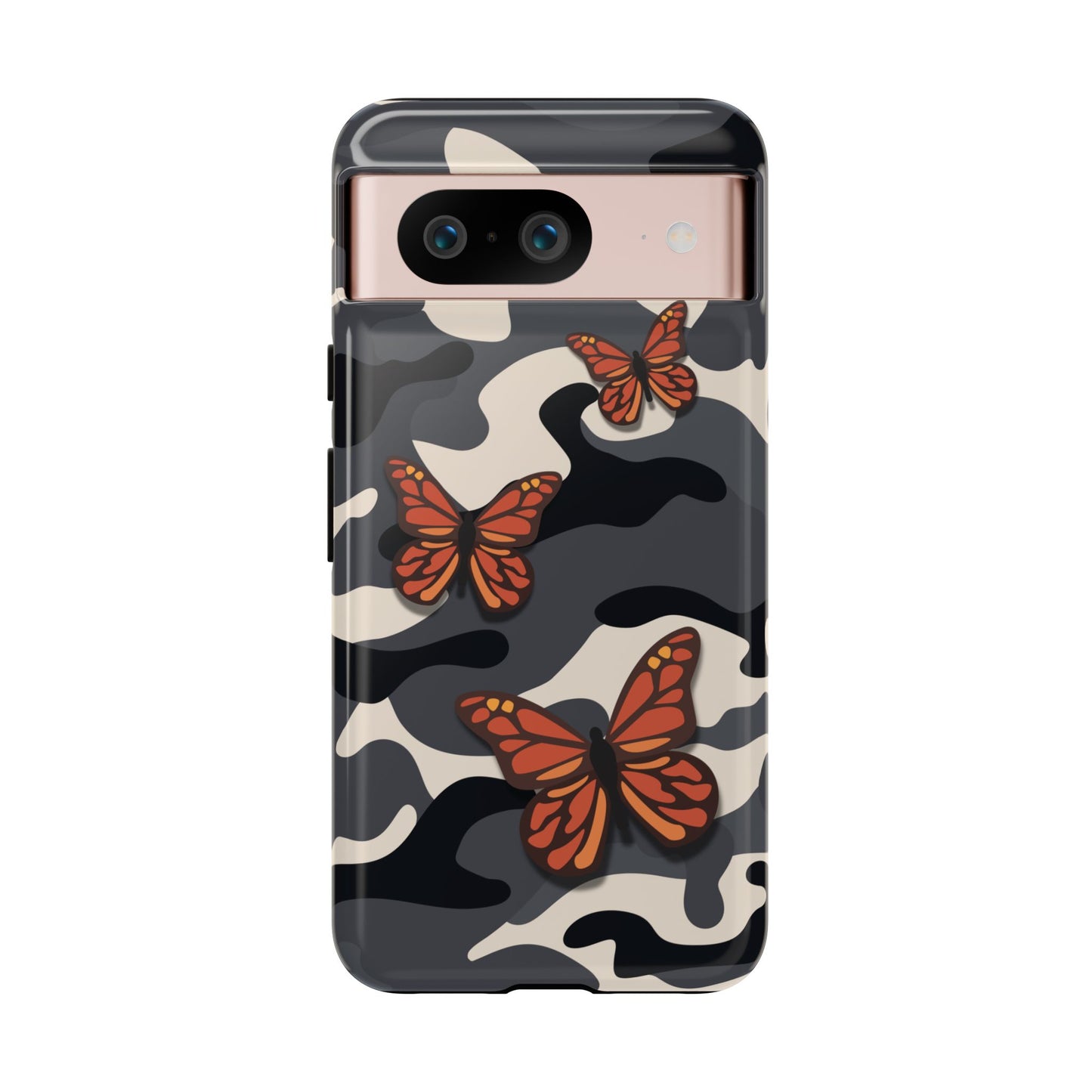 Google Pixel 8 / Glossy Phone Case - Black & Orange Butterfly Camo Phone Case