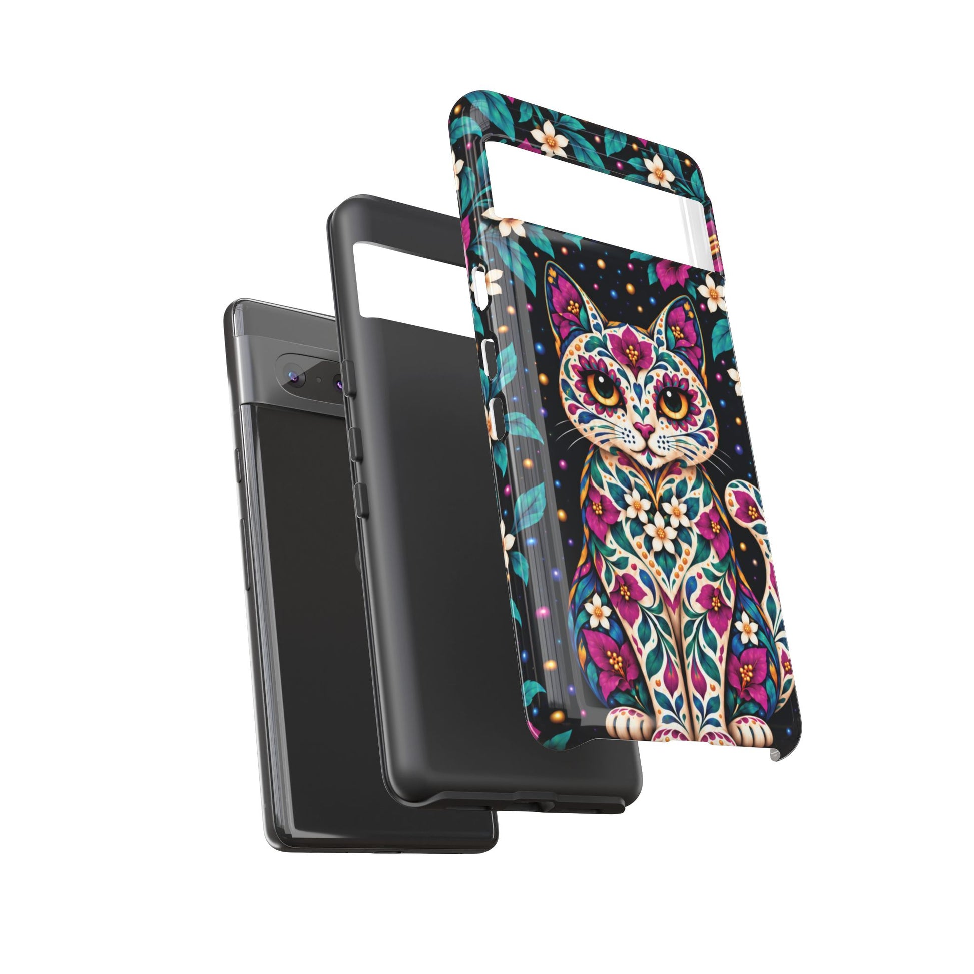 Vibrant Purple and Teal Calavera Cat Phone Case - Multicolor Phone Case