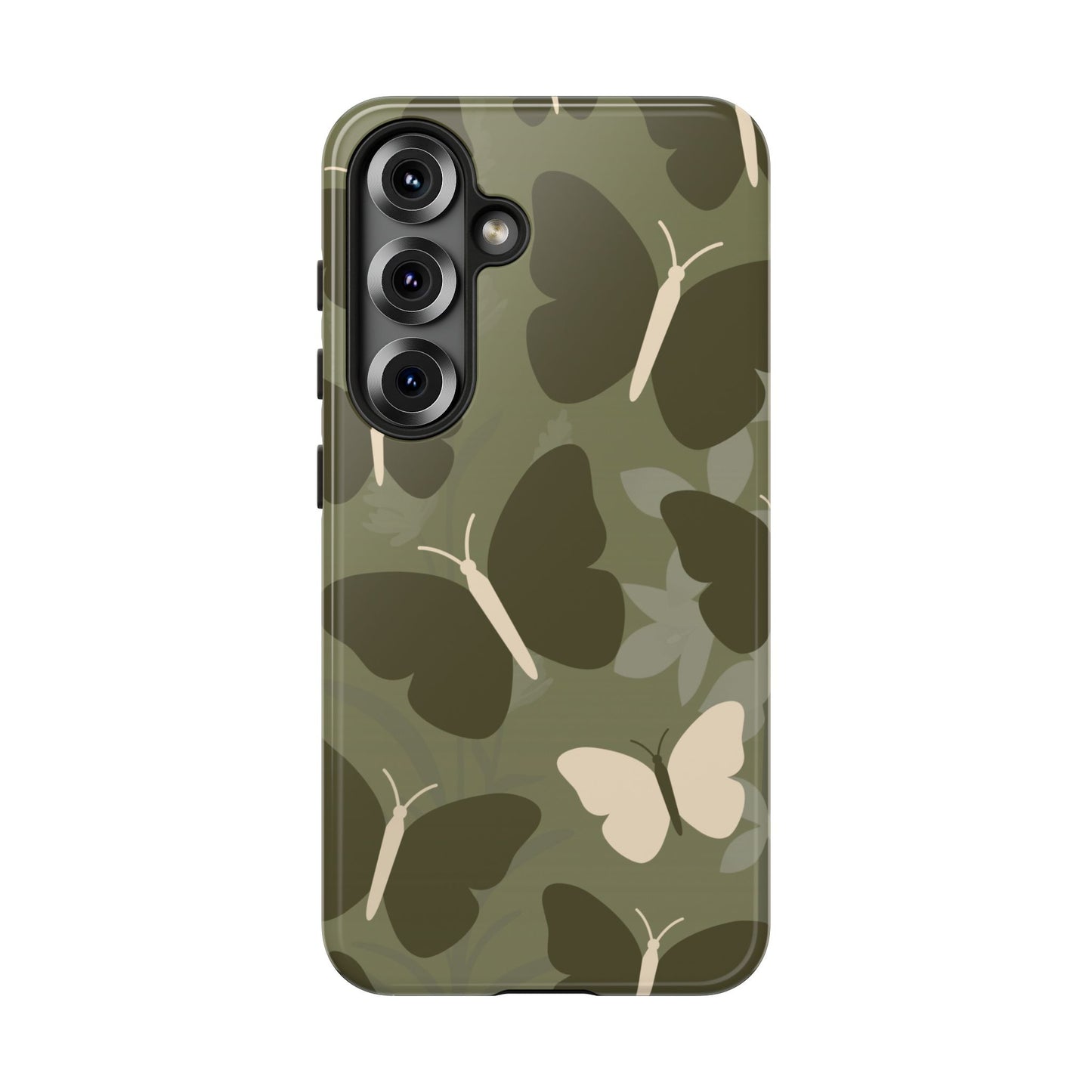 Samsung Galaxy S25 / Glossy Phone Case - Minimalist Olive Green Butterfly Pattern Phone Case