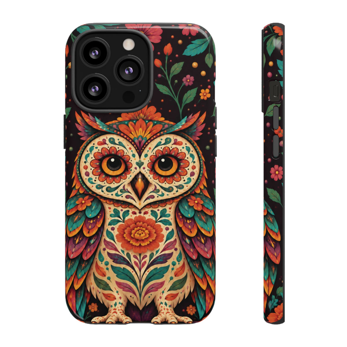 Vibrant Terracotta and Teal Calavera Owl Phone Case - Multicolor Phone Case - iPhone 13 Pro / Glossy