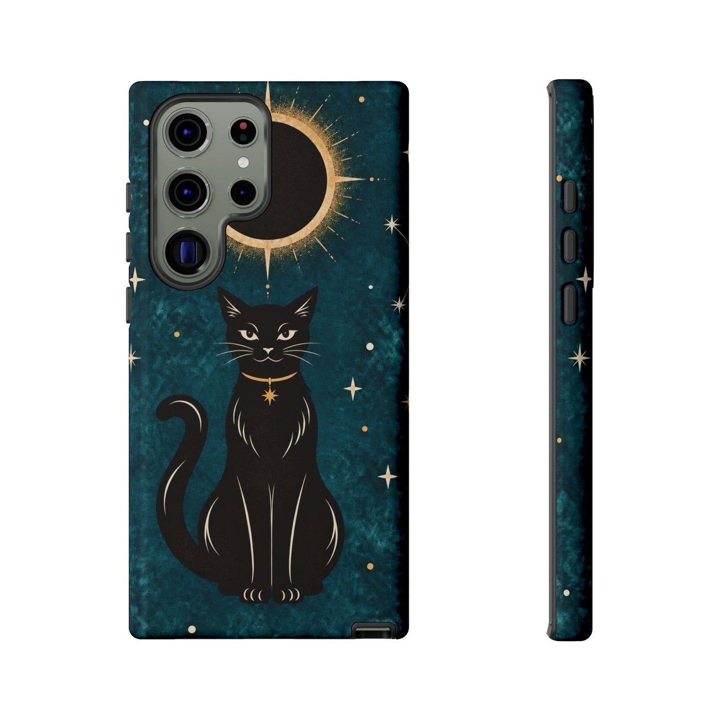 Whimsical Teal Celestial Black Cat Phone Case