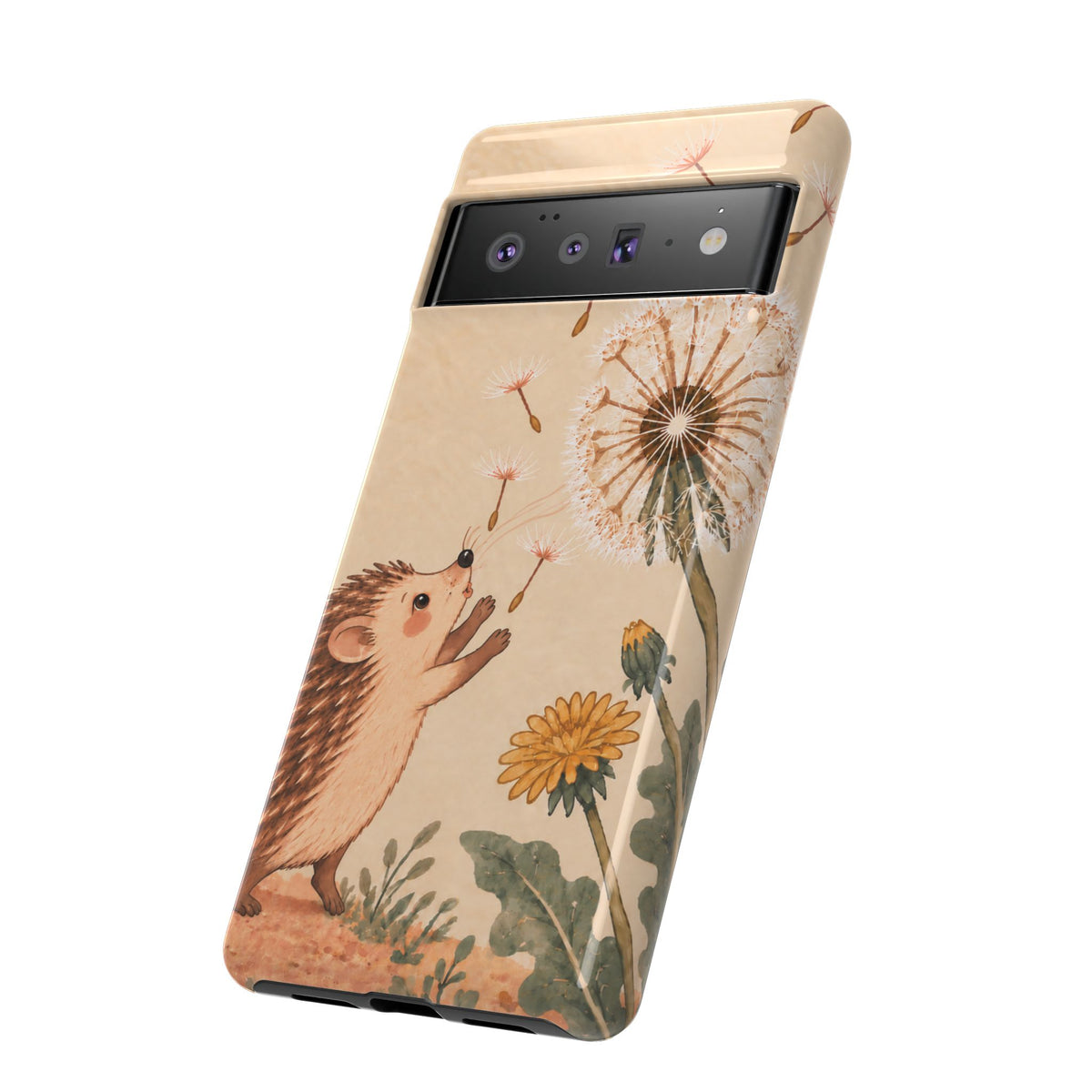 Whimsical Cream Hedgehog and Dandelion Phone Case - White Phone Case