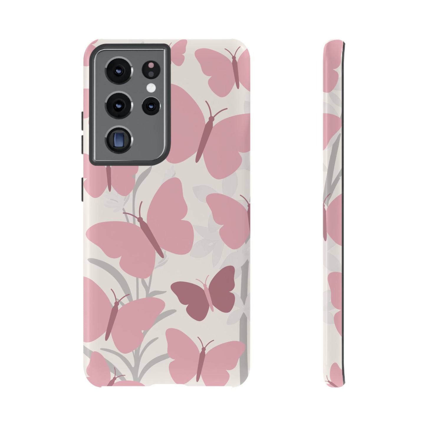 Samsung Galaxy S21 Ultra / Glossy Phone Case - Minimalist Cream & Pink Butterfly Pattern Phone Case