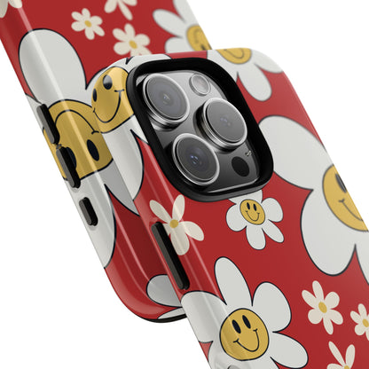 Phone Case - Fun Retro Daisy Pattern with Red Background Phone Case