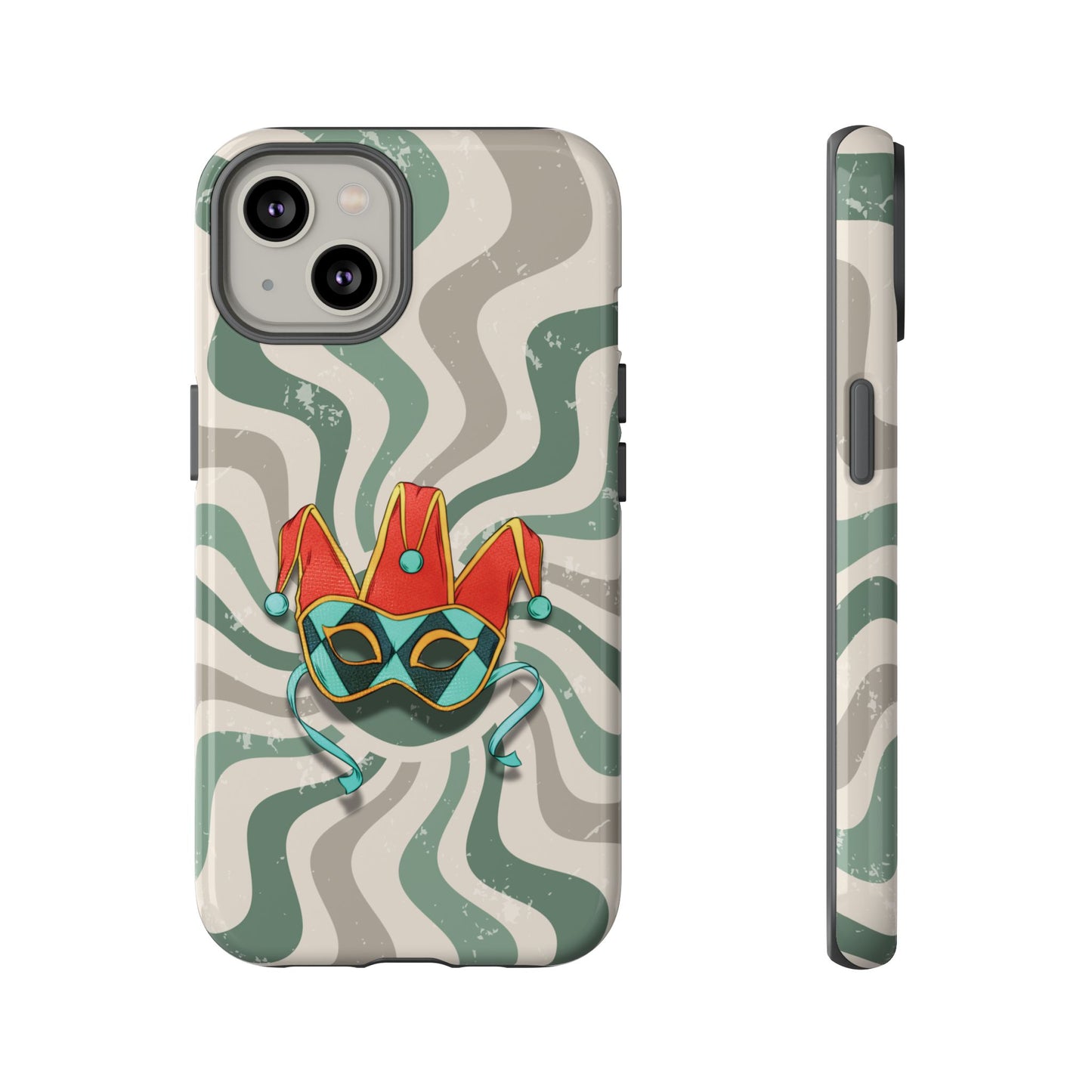 iPhone 14 / Glossy Phone Case - Venetian Jester Mask – Green Retro Soft Revival Phone Case