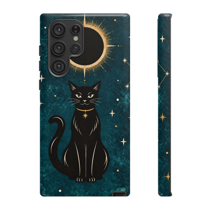 Whimsical Teal Celestial Black Cat Phone Case