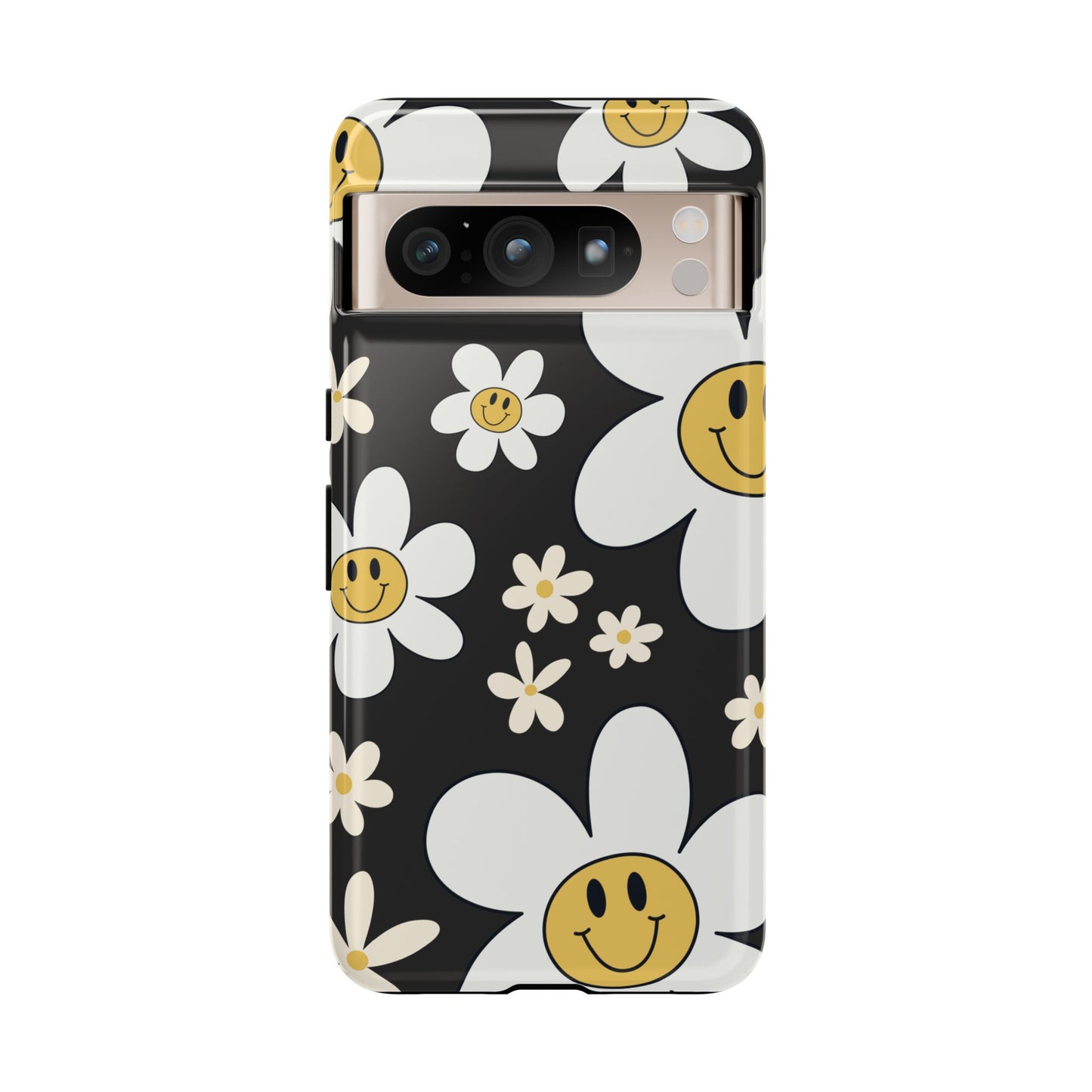 Google Pixel 8 Pro / Glossy Phone Case - Fun Retro Daisy Pattern with Dark Grey Background Phone Case