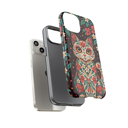Vibrant Terracotta and Teal Calavera Cat Phone Case - Multicolor Phone Case