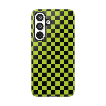 Trendy Neon Lime Green & Black Small Checked Pattern Phone Case - Green Phone Case - Samsung Galaxy S26 Plus / Glossy