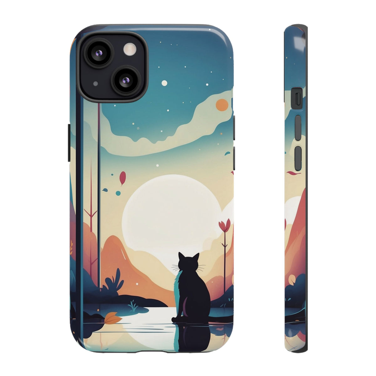 Stylised Cat & Moon Design Phone Case - Multicolor Phone Case - iPhone 13 / Glossy