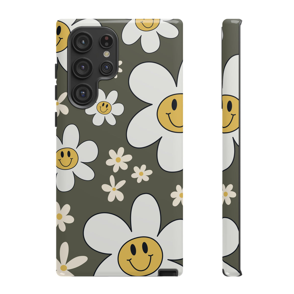 Fun Retro Daisy Pattern with Olive Green Background Phone Case - Green Phone Case - Samsung Galaxy S22 Ultra / Glossy