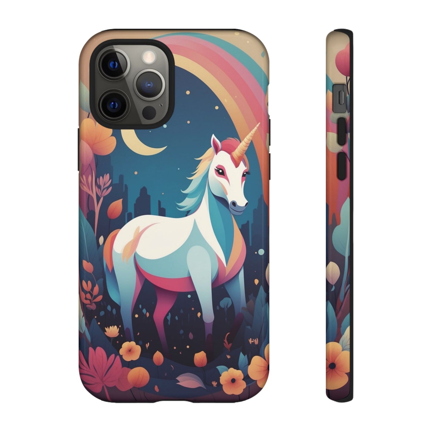 iPhone 12 Pro / Glossy Phone Case - Stylised Unicorn & Rainbow Design Phone Case