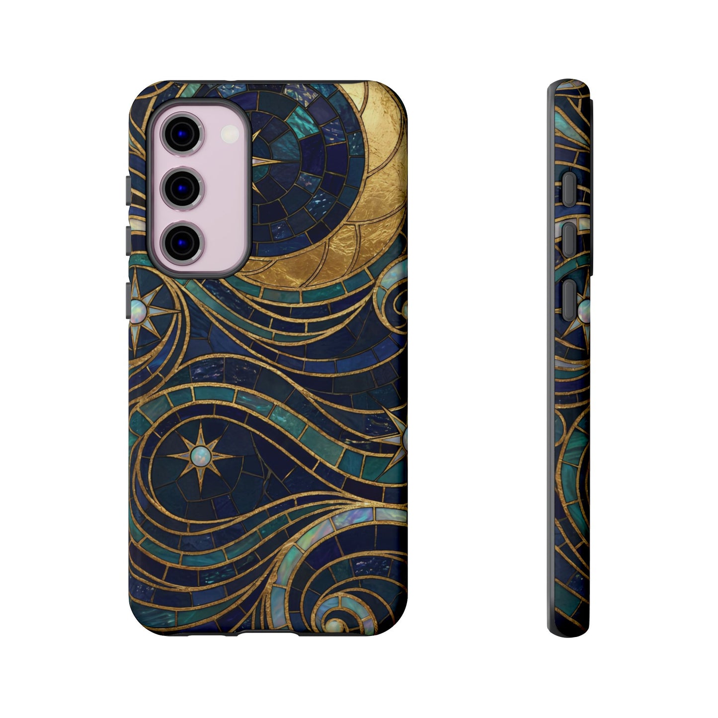 Elegant Navy & Gold Crescent Moon Mosaic Phone Case