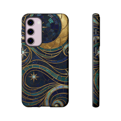 Elegant Navy & Gold Crescent Moon Mosaic Phone Case