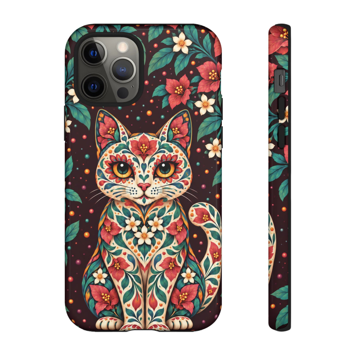 Vibrant Terracotta and Teal Calavera Cat Phone Case - Multicolor Phone Case - iPhone 12 Pro / Glossy