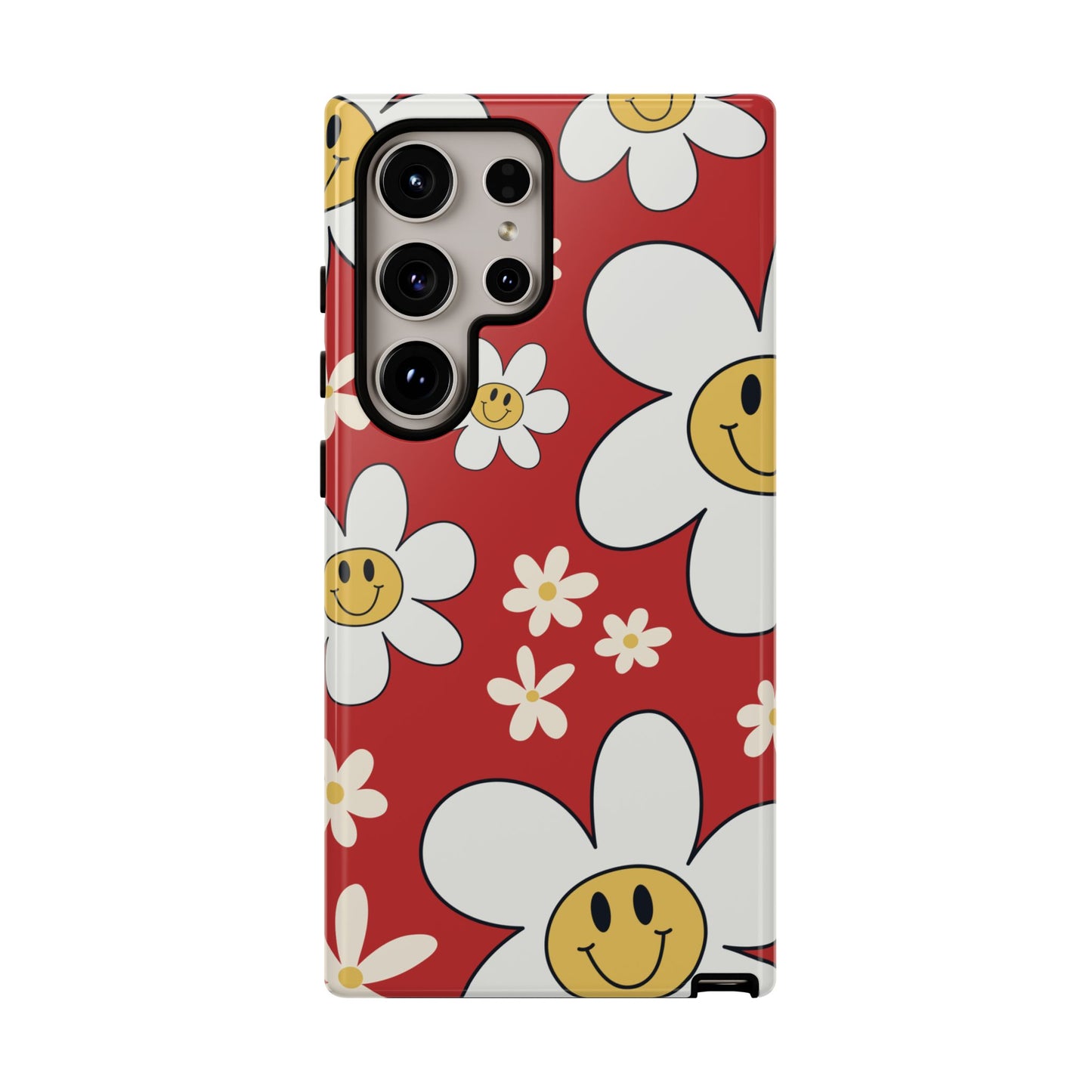 Samsung Galaxy S24 Ultra / Glossy Phone Case - Fun Retro Daisy Pattern with Red Background Phone Case