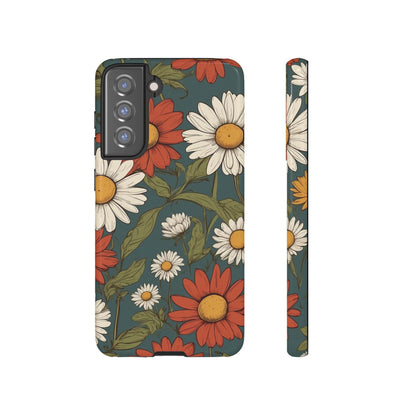 Samsung Galaxy S21 FE / Glossy Phone Case - Boho Chic Daisies Floral Pattern ’White & Red’ Phone Case