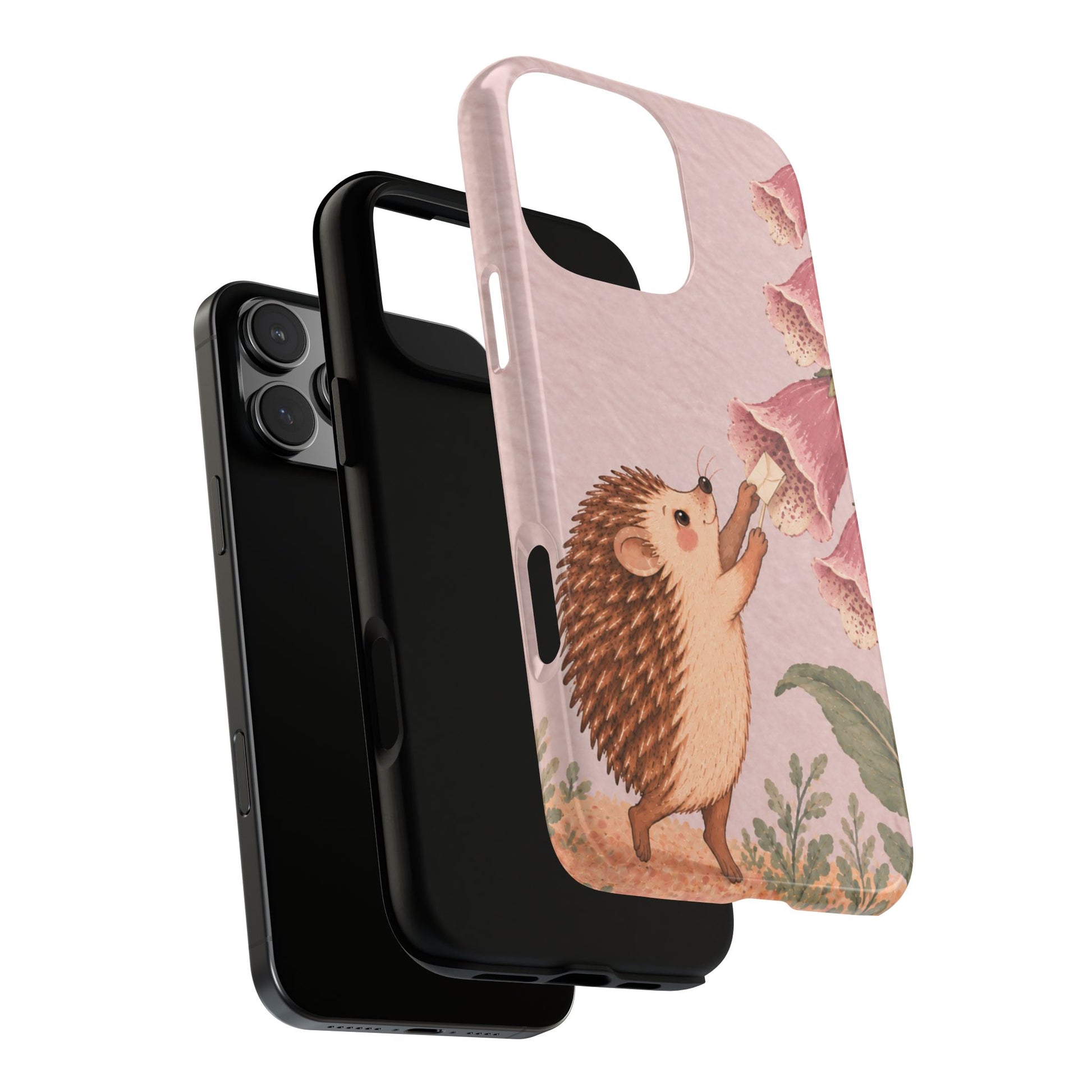 Whimsical Blush Pink Hedgehog and Foxglove Phone Case - Pink Phone Case