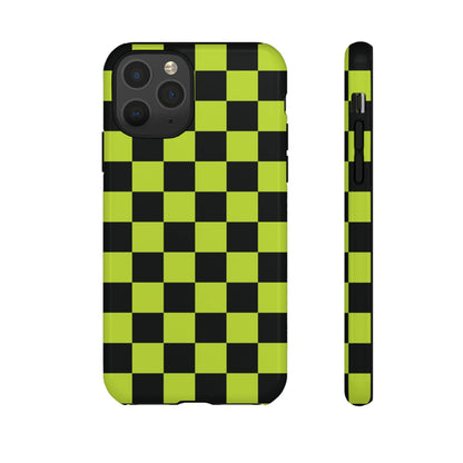 iPhone 11 Pro / Glossy Phone Case - Trendy Neon Lime Green & Black Checked Pattern Phone Case