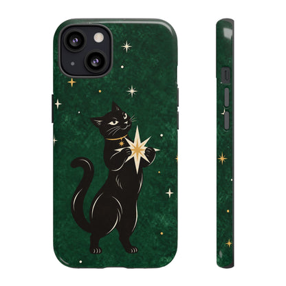 Forest Green Celestial Black Cat Phone Case - Green Phone Case - iPhone 13 / Glossy
