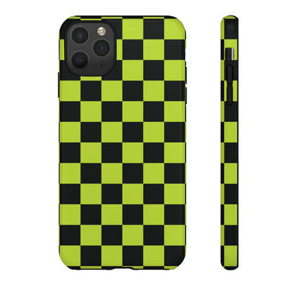 iPhone 11 Pro Max / Glossy Phone Case - Trendy Neon Lime Green & Black Checked Pattern Phone Case