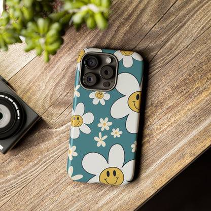 Fun Retro Daisy Pattern with Light Blue Background Phone Case - Blue Phone Case